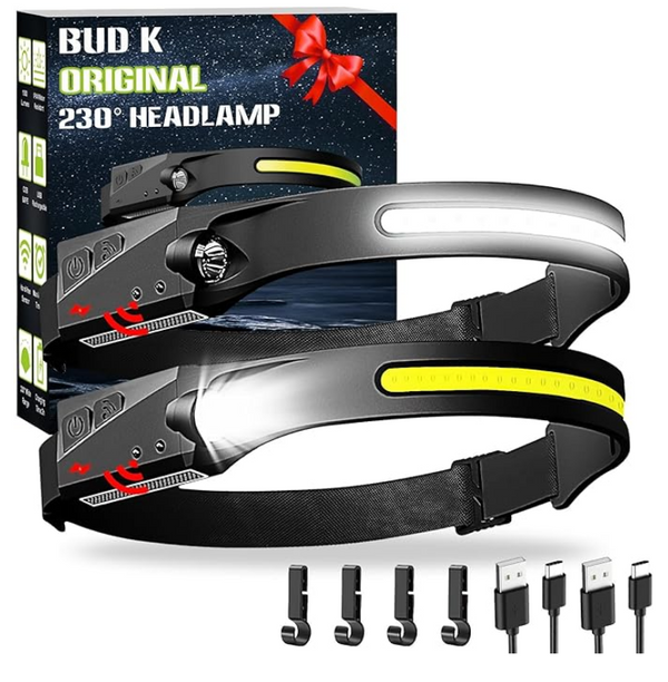 Rechargeable Headlamp 2Pack, 230°Wide Beam Headlamp for Adults, LED Headlamp with Clips-Camping Gear, 6 Modes, Motion Sensor, Head Lamp Flashlight for Cycling, Running, Fishing, Camping